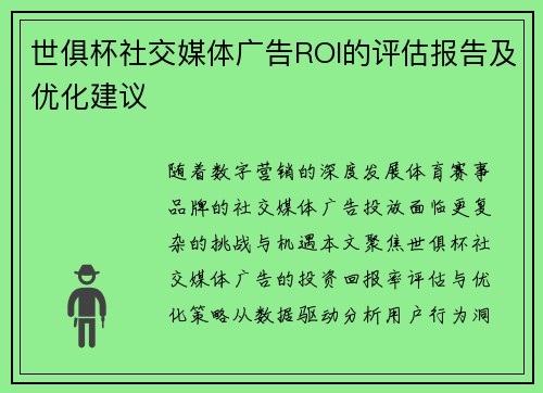世俱杯社交媒体广告ROI的评估报告及优化建议