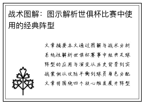 战术图解：图示解析世俱杯比赛中使用的经典阵型