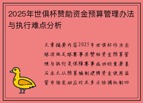 2025年世俱杯赞助资金预算管理办法与执行难点分析